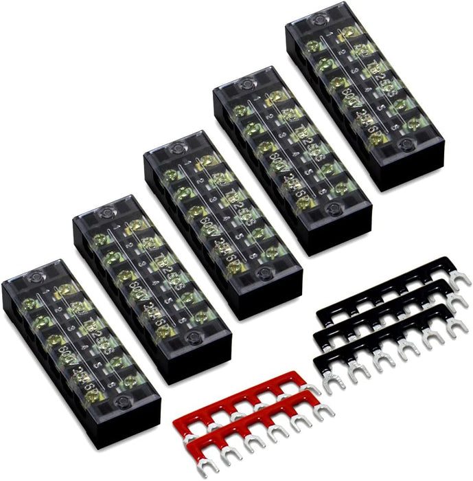 Terminal Block and Strip - 12Pcs (6 Sets) 4 Positions Dual Row 600V 25A Screw Terminal Strip Blocks with Cover + 400V 25A 4 Positions Pre-Insulated Terminals Barrier Strip Black & Red