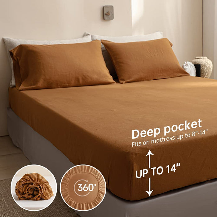 Simple&Opulence 100% Linen Sheet Set Solid Color-4 Pcs Washed French Linen Bed Sheets(1 Flat Sheet,1 Fitted Sheet,2 Pillowcases)-Breathable Bedding Set (Rust, Queen)