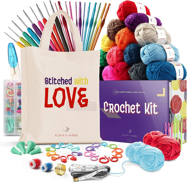 73 Piece Crochet Kit with Crochet Hooks Yarn Set - Premium Bundle Includes Yarn Balls, Needles, Accessories Kit, Canvas Tote Bag and Lot More - Starter Pack for Kids Adults – Beginner, Professionals.