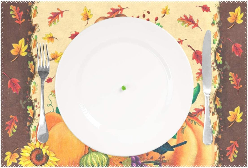 Pfrewn Autumn Scarecrow Pumpkin Sunflower Placemat Set of 4 Table Mat Fall Maple Leaf Birds Flower Place Mat Placemat 12" X 18" Dining Home Kitchen Table Decoration