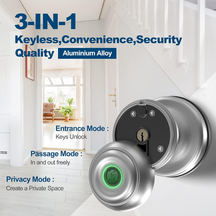 Smart Door Knob, Fingerprint Door Lock Smart Lock Biometric Door Lock Fingerprint Door Knob with App Control, Great for Bedrooms,Cloakroom,Apartments Offices,Hotels, Satin Nickel