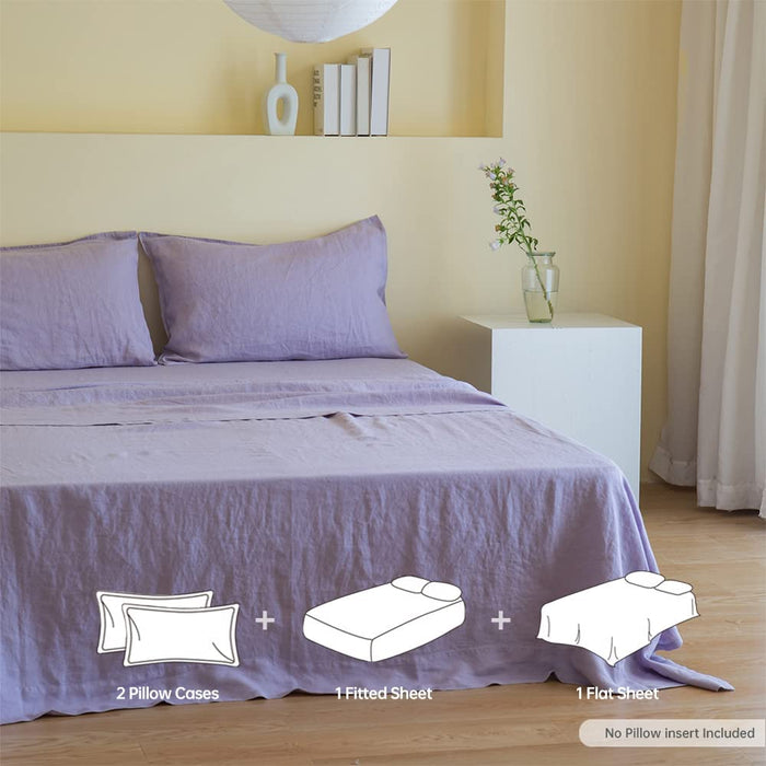 Simple&Opulence 100% Linen Sheet Set Solid Color-4 Pcs Washed French Linen Bed Sheets(1 Flat Sheet,1 Fitted Sheet,2 Pillowcases)-Breathable Bedding Set (Queen, Lilac)