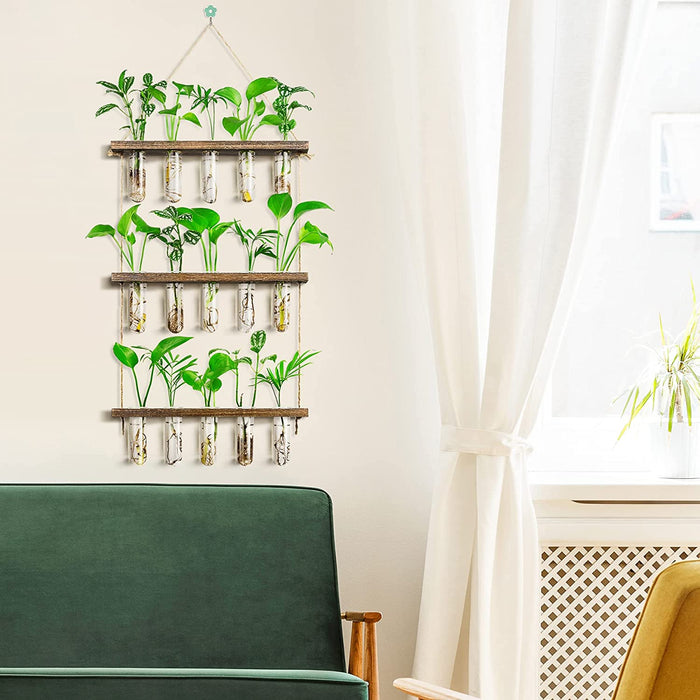 3 Tier Large Propagation Stations Wall Hanging Plant Terrarium with Wooden Stand, Retro Propagation Test Tube for Hydroponic Plants Cutting Flower, Propagator Home Office Patio Decor-Brown
