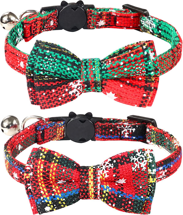 Breakaway Cat Collar with Cute Bow Tie and Bell, Plaid Patterns, 1 Pack Girl Boy Kitty Safety Collars, Blue