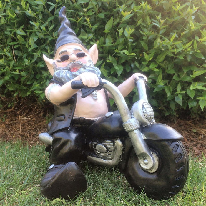 Homestyles "Biker Babe & Dude" the Biker Gnome Riding His Black Bike in Leather Motorcycle Gear Large Outdoor Garden Statue 14.5"H and 12"H