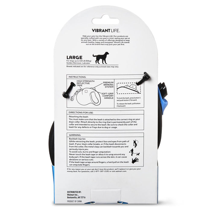 Vibrant Life 16' Plastic, Metal & Nylon Retractable Dog Leash, Black, L