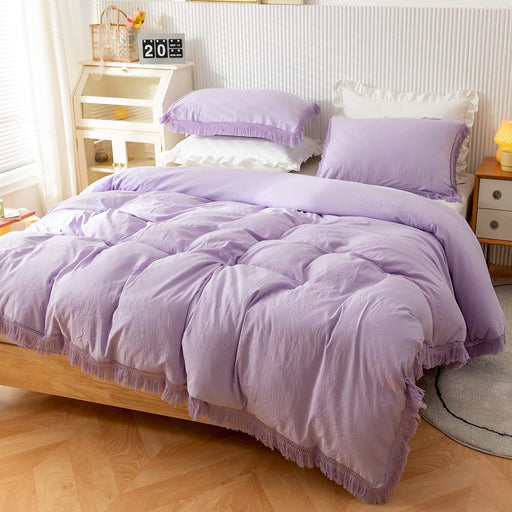 3Pcs Fringe Lavender Purple Tassel Comforter Set Queen Boho Bohemian Cute Soft Tufted Microfiber Bedding Sets Modern Style for Men and Women (1Comforter + 2 Pillowcases)