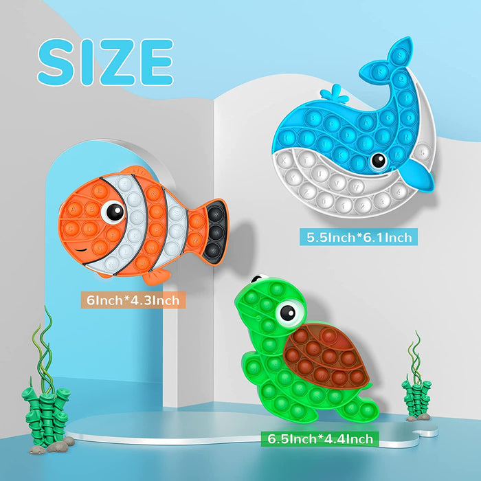 3 Pack Push Bubble Fidget Sensory Toys, Sensory Fidget Poppers Push Bubble Toy, Silicone Squeeze Autism Anxiety Stress Relief Educational Popping Toys for Kids Adults - Clown Fish, Whale, Turtle