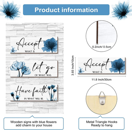 3 Pcs Rustic Flower Wall Art Accept Let Go Have Faith Bedroom Wall Decor Wooden Inspirational Quotes Decorations for Living Room Bathroom Wood Hanging Farmhouse Bedroom Art, 12 X 4 Inches (Blue)