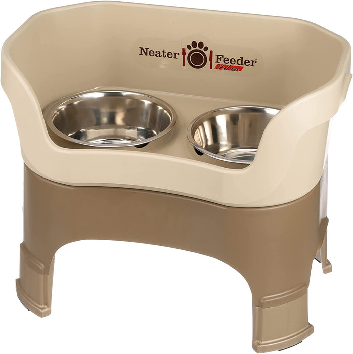 Neater Feeder Deluxe with Leg Extensions for Small Dogs - Mess Proof Pet Feeder with Stainless Steel Food & Water Bowls - Drip Proof, Non-Tip, and Non-Slip - Gunmetal Grey
