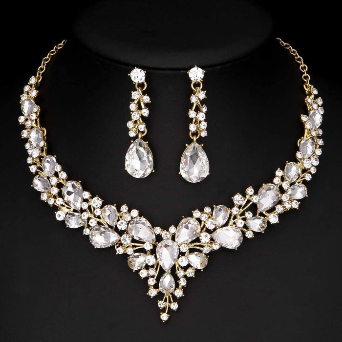 3/4 Pieces Women Jewelry Set Rhinestone Crystal Bride Statement Choker Necklace Tiara Crown Link Bangle Bracelet Teardrop Dangle Earrings Set for Wedding Party