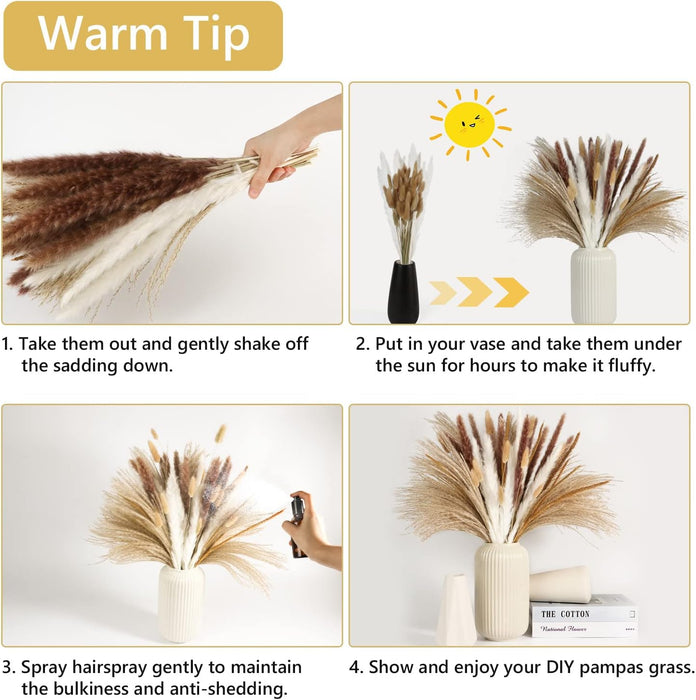 Dried Pampas Grass Decor, 120Pcs Boho Home Wedding Party Decor Dried Flowers Arrangements White & Natural Pampas Grass, Reed, Bunny Tails
