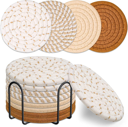 8 Pcs Drink Coasters with Holder, 4 Colors Absorbent Coasters for Drinks, Minimalist Cotton Woven Coaster Set for Home Decor Tabletop Protection Suitable for Kinds of Cups, 4.3 Inches.(No.2)