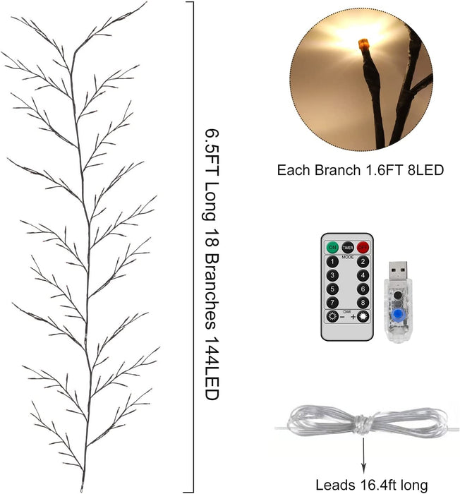 Vines for Bedroom Birch Fall Garland, 6FT 18 Branches 144LED, 8 Modes Artificial Plants Lighted Willow Vine with Remote Control, Wall Decor for Room Decor, Wall Lights