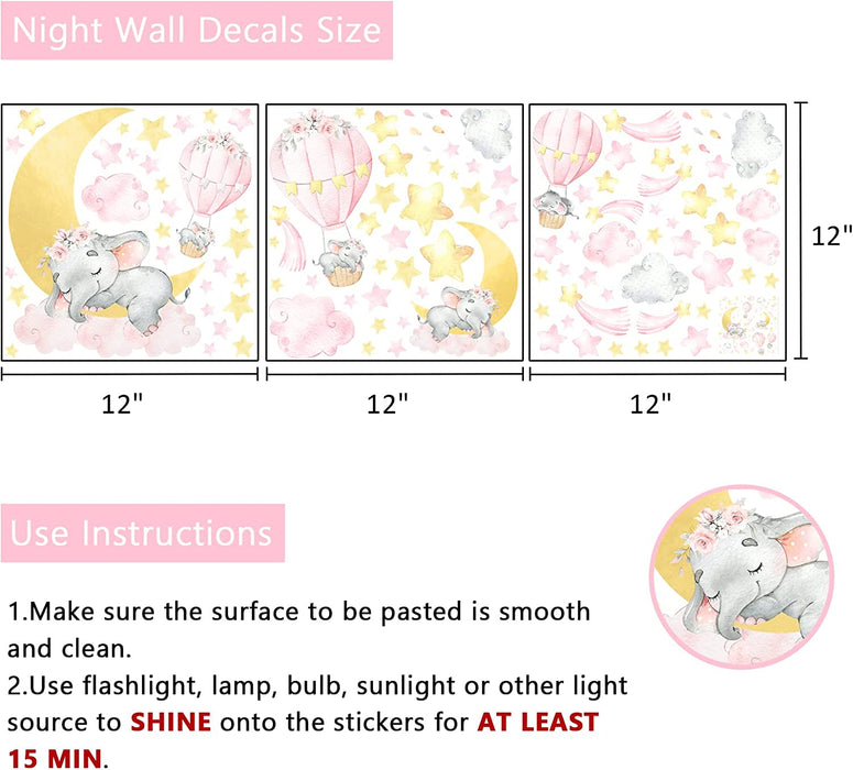 Glow in the Dark Elephant Wall Decals Stickers, Pink Moon Nursery Decor for Kids, Hot Air Balloon Star Crib Luminous Toddler Girls Home Decorations Bedroom Art