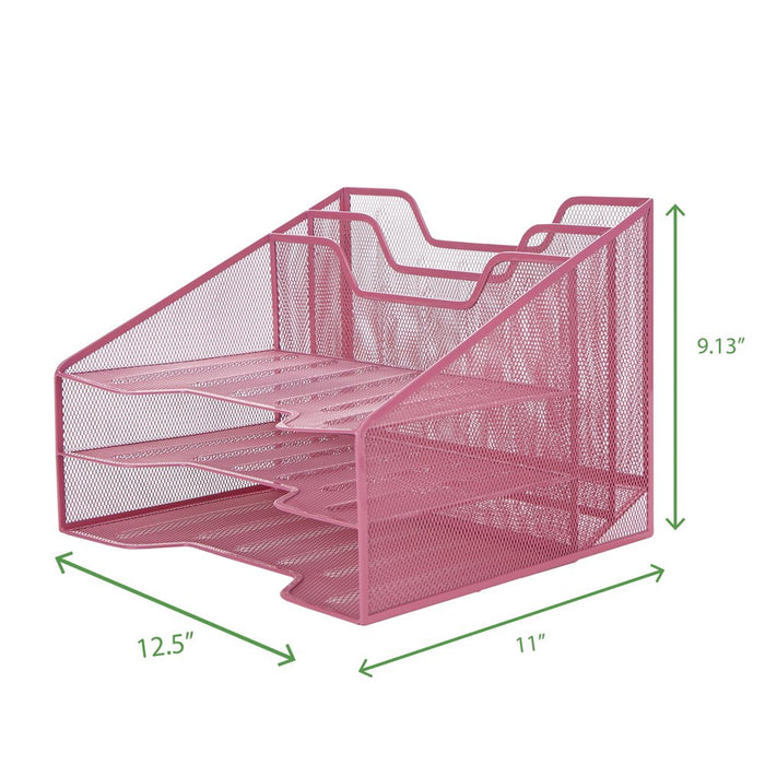 Mind Reader 3-Tier Mesh Desk File Organizer Tray with 5 Compartments, Pink