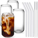 Drinking Glasses with Glass Straw 4Pcs Set - 16Oz Can Shaped Glass Cups, Beer Glasses, Iced Coffee Glasses, Cute Tumbler Cup, Ideal for Whiskey, Soda, Tea, Water, Gift - 2 Cleaning Brushes