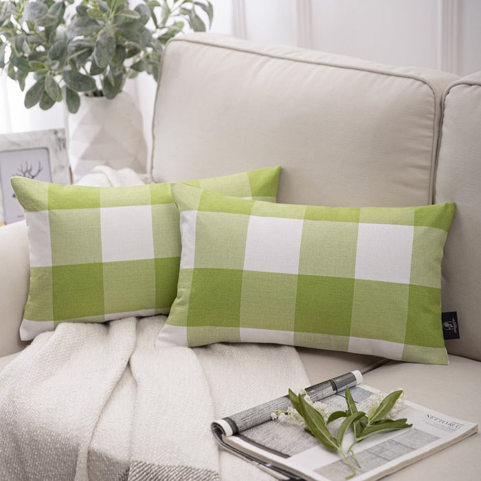 Buffalo Checker Plaid Farmhouse Summer Square Decorative Throw Pillow for Couch, 12" X 20", Green/White, 2 Pack