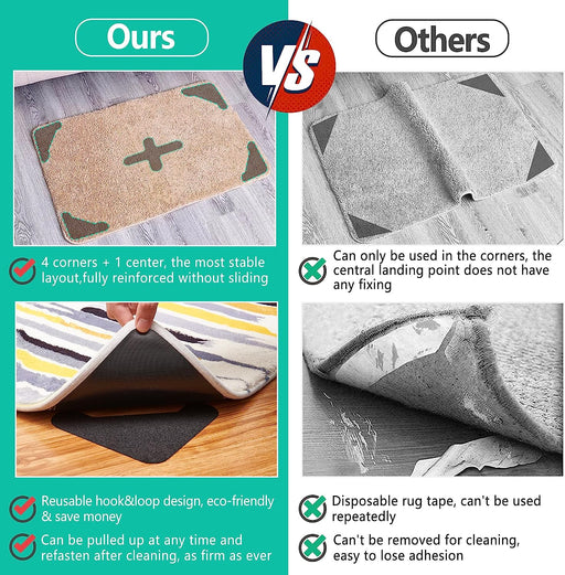 15 Pairs Large Size Rug Gripper, Hook and Loop anti Slip Rug Corner Grips, Washable Area Carpet Rug Tape Pad, Reusable Stickers for Hardwood Floors Tiles Non Curl, 4 Corner+1 Center Combo