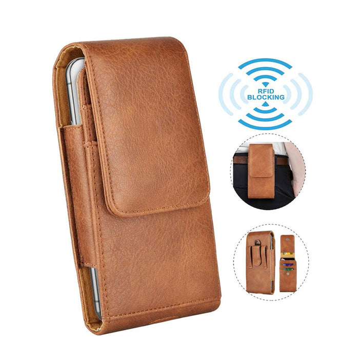 Universal Cell Phone Belt Holster Case,  Vertical Leather Belt Clip Pouch Hybrid Carrying Case W/ Snap on Cover for Cellphone up to 6.7" -Brown