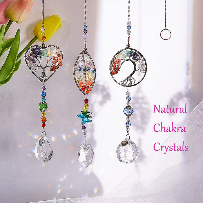 3Pcs Crystal Suncatchers for Windows Hanging Tree of Life Sun Catchers Decor with Prisms for Car, Chakra Feng Shui Decor for Home, Pack of 3