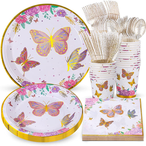 Butterfly Birthday Party Supplies, Butterfly Party Plates, Cups, Napkins and Cutlery, Butterfly Party Decorations for Baby Shower, Birthday, Butterfly Fairy Themed Parties Serves 24