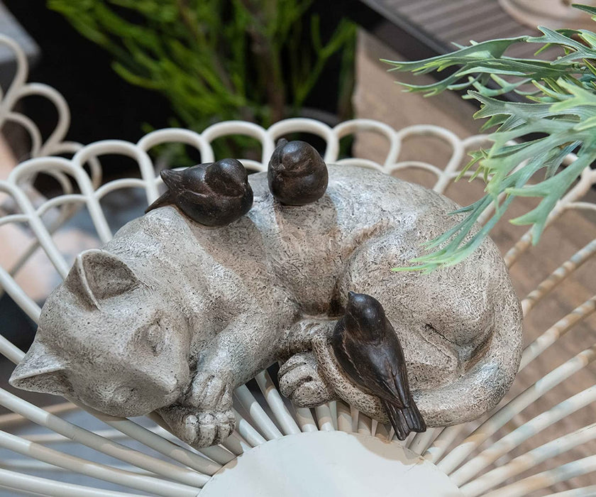 Sleeping Cat Garden Statues Outdoor - Sparrows on Cat Figurine 12" X 8" X 4.5"