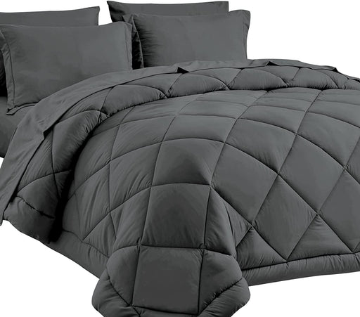 Queen Bed in a Bag 7-Pieces Comforter Sets with Comforter and Sheets Dark Grey All Season Bedding Sets with Comforter, Pillow Shams, Flat Sheet, Fitted Sheet and Pillowcases