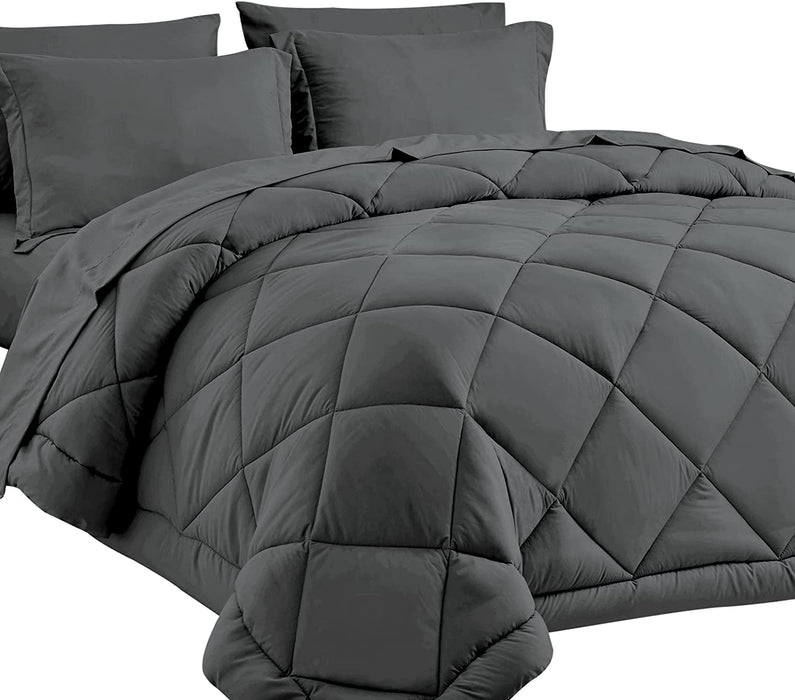 Queen Bed in a Bag 7-Pieces Comforter Sets with Comforter and Sheets Dark Grey All Season Bedding Sets with Comforter, Pillow Shams, Flat Sheet, Fitted Sheet and Pillowcases