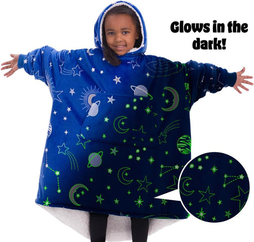 JR | the Original Oversized Microfiber & Sherpa Glow in the Dark Wearable Blanket for Kids, Seen on Shark Tank, One Size Fits All (Blue Glow Outerspace)