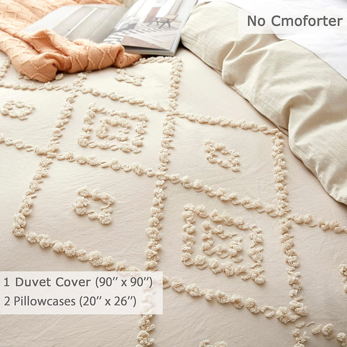 Oli Anderson Duvet Cover Queen Size, 3 Pieces Boho Tufted Bedding Set for All Seasons, Soft and Embroidery Shabby Chic Duvet Covers Set with Zipper Closure (Beige, Queen, 90’’ X 90’’)