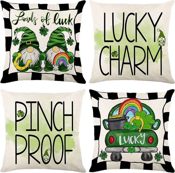 St Patricks Day Gnomes Pillow Covers 18X18 Set of 4 Home Decor, Shamrock Plaid Throw Pillows Lucky Truck Green Decor, St Patricks Day Decor Couch Pillows Covers for Sofa Farmhouse Bed