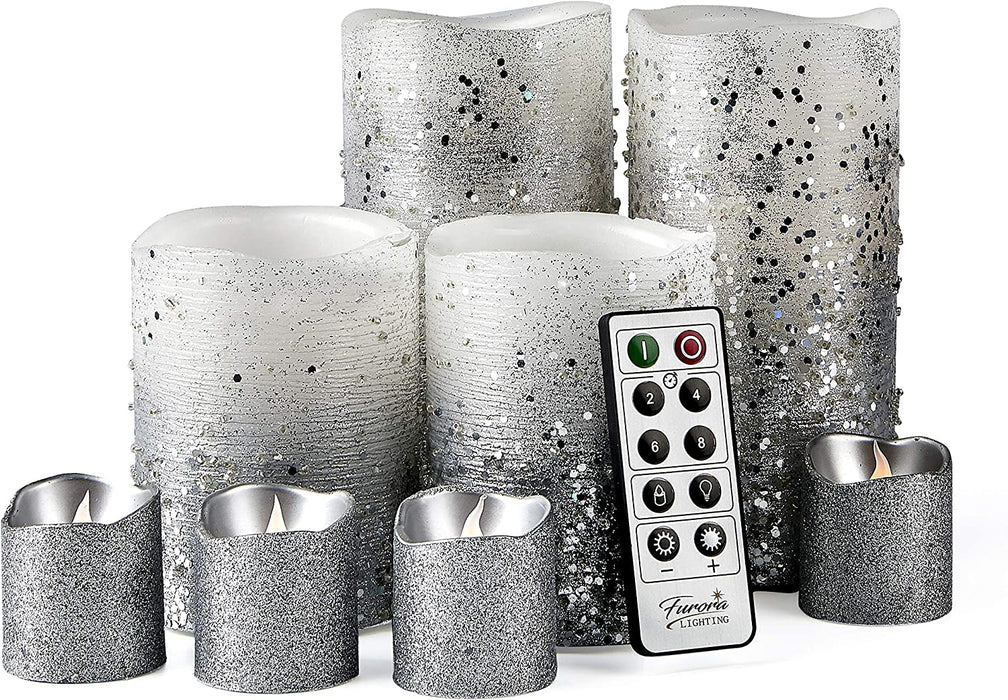 Furora LIGHTING LED Flameless Candles with Remote – Battery-Operated Flameless Candles Bulk Set of 8 Fake Candles – Small Flameless Candles & Christmas Centerpieces for Tables, Silver Glittery