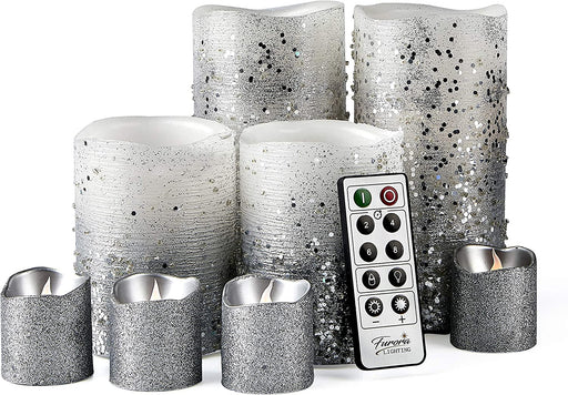 Furora LIGHTING LED Flameless Candles with Remote – Battery-Operated Flameless Candles Bulk Set of 8 Fake Candles – Small Flameless Candles & Christmas Centerpieces for Tables, Silver Glittery