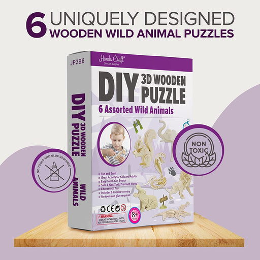 Hands Craft DIY 3D Wooden Puzzle – 6 Assorted Wild Animals Bundle Pack Set Brain Teaser Puzzles Educational STEM Toy Adults and Kids to Build Safe and Non-Toxic Easy Punch Out Premium Wood JP2B8