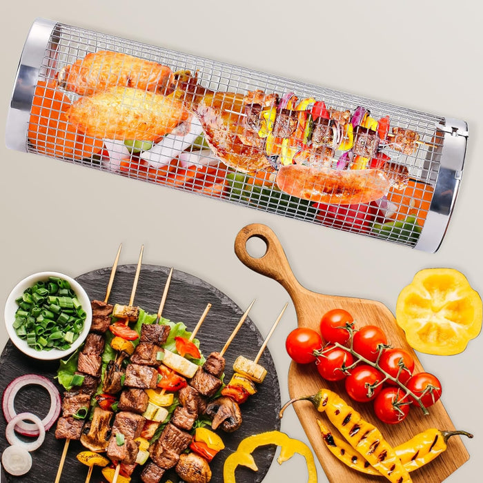 Rolling Grill Baskets for Outdoor Grilling : 2 Pcs Stainless Steel Grill Mesh, Rolling Grill Baskets for Outdoor Grill, Portable Grill Nets Cylinder for Shrimp, Meat Barbecue Camping Picnic with Forks