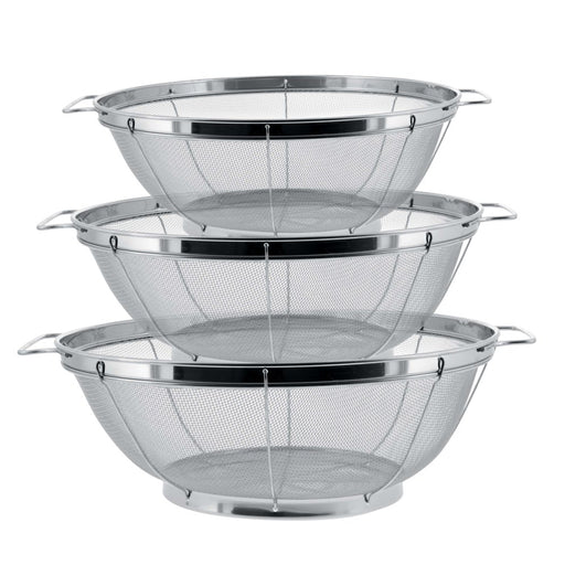 3 Piece Colander Set-Stainless Steel Wired Mesh Strainer Baskets with Wide Handles-11"-5 Quart, 9.5"