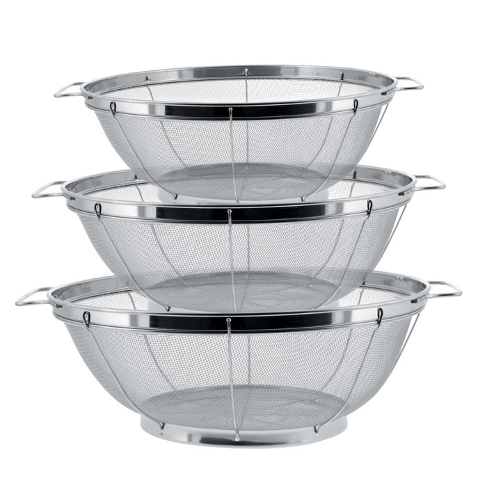 3 Piece Colander Set-Stainless Steel Wired Mesh Strainer Baskets with Wide Handles-11"-5 Quart, 9.5"