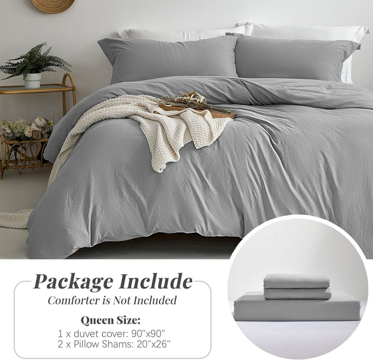 Duvet Cover Queen Size - Super Soft Gray Duvet Cover Set 3 Piece 100% Washed Microfiber Comforter Cover Set Bedding Set with Zipper Closure, 1 Duvet Cover 90X90 Inches and 2 Pillow Shams