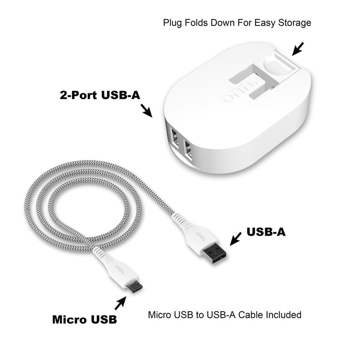 Onn. 4.8A Dual-Port Wall Charging Kit with 3FT Micro-Usb to USB Cable, White,180 Degree Folding and Fridendly Plug,Cell Phone Charger,