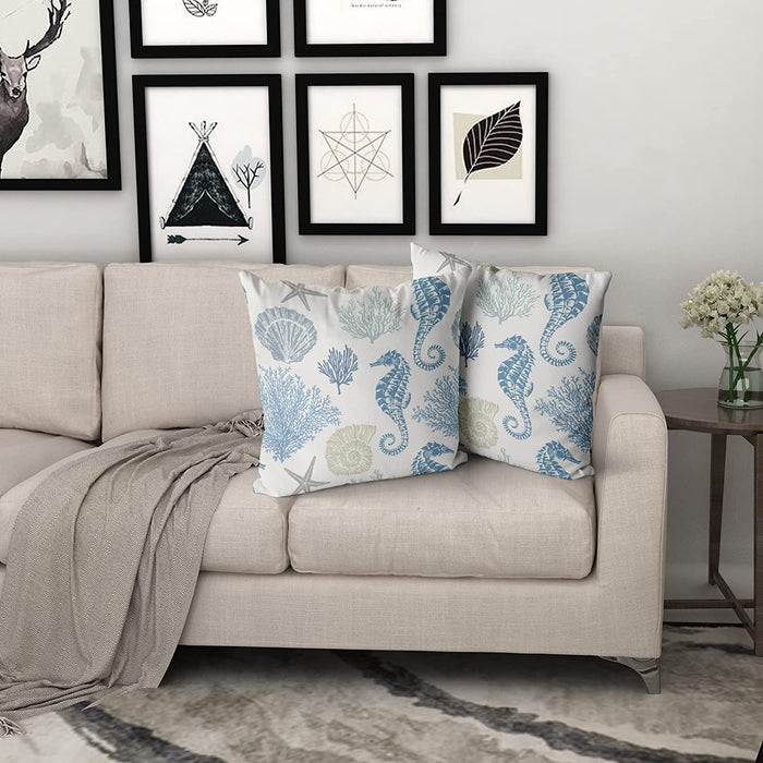 Nautical Coastal Pillow Covers 18X18 Set of 2 Coral Seashell Starfish Seahorse Beach Decorative Throw Pillows Summer Ocean Pillowcase Cotton Square Cushion Cover Decor for Home Couch Bed Soft