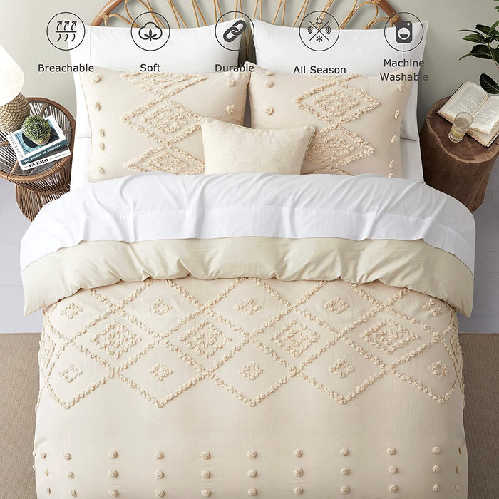 Oli Anderson Duvet Cover Queen Size, 3 Pieces Boho Tufted Bedding Set for All Seasons, Soft and Embroidery Shabby Chic Duvet Covers Set with Zipper Closure (Beige, Queen, 90’’ X 90’’)