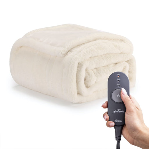 Sunbeam White Faux Fur Heated Throw