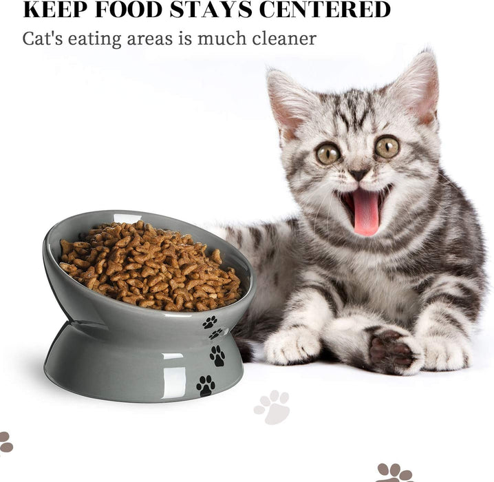 Raised Cat Food Bowl, Ceramic Elevated Cat Bowl, Title Angle Protect Cat'S Spine, anti Vomiting Cat Dish, Backflow Prevention, Grey