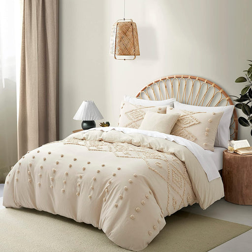 Oli Anderson Duvet Cover Queen Size, 3 Pieces Boho Tufted Bedding Set for All Seasons, Soft and Embroidery Shabby Chic Duvet Covers Set with Zipper Closure (Beige, Queen, 90’’ X 90’’)