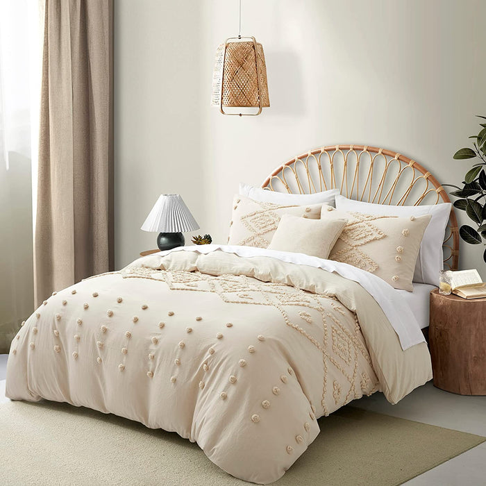 Oli Anderson Duvet Cover Queen Size, 3 Pieces Boho Tufted Bedding Set for All Seasons, Soft and Embroidery Shabby Chic Duvet Covers Set with Zipper Closure (Beige, Queen, 90’’ X 90’’)