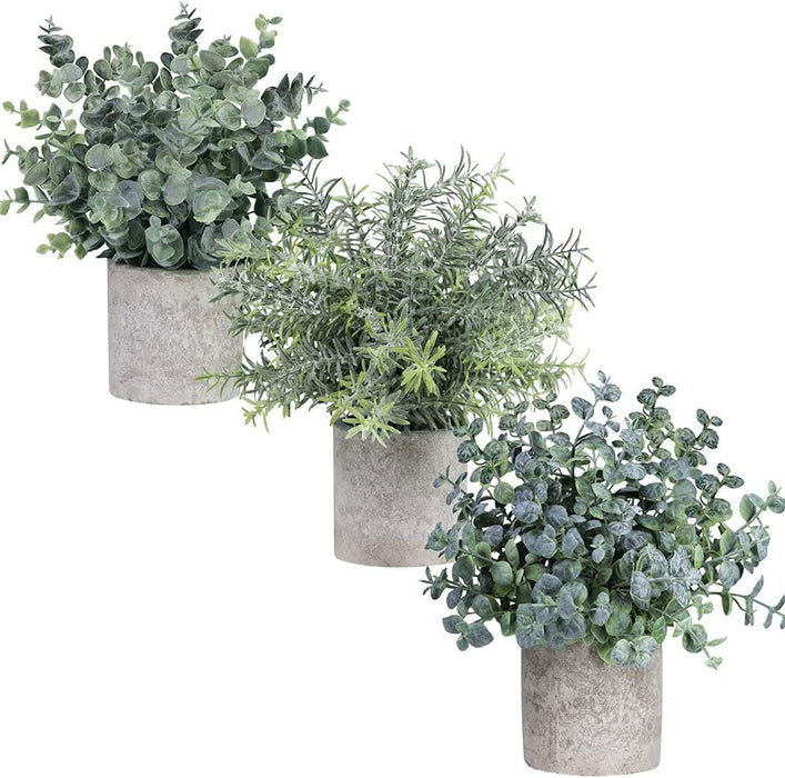 Set of 3 Mini Potted Artificial Eucalyptus Plants Plastic Fake Green Rosemary Plant for Home Decor Office Desk Shower Room Decoration