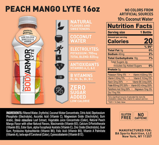 BODYARMOR LYTE Sports Drink Low-Calorie Sports Beverage, Peach Mango, Natural Flavors with Vitamins, Potassium-Packed Electrolytes, Perfect for Athletes, 16 Fl Oz (Pack of 12)