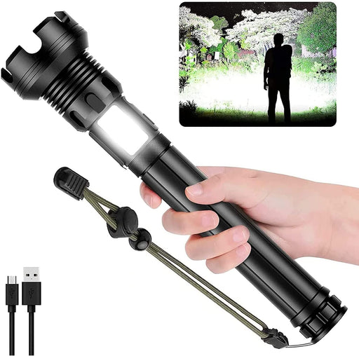 Led Rechargeable Tactical Flashlights 90000 High Lumens, Xhp90 Brightest Flashlight with Cob Sidelight, Powerful Emergency Flashlight with USB Output as Power Bank, Zoomable, Waterproof,7Mode
