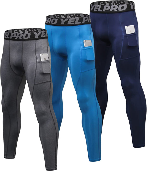 3 Pack Men'S Compression Pants Cool Dry Athletic Tights Sport Leggings with Pocket Baselayer for Running Football Yoga